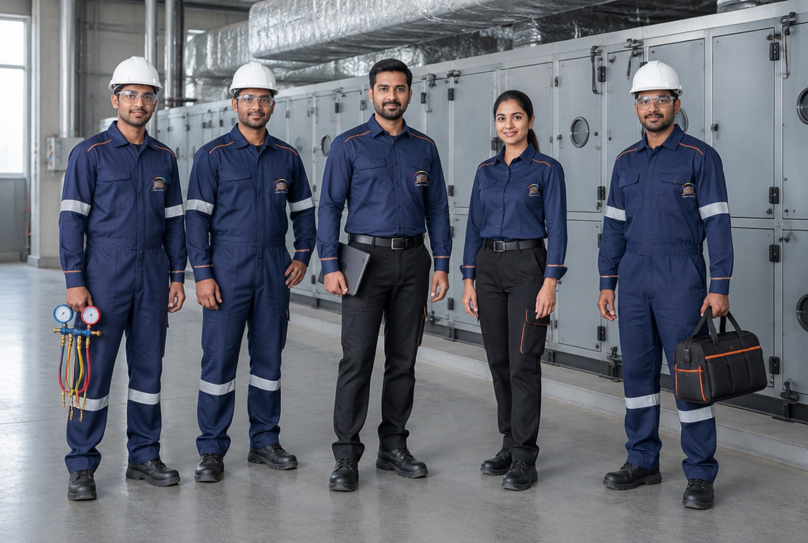 ADVYTHA engineers in navy shirts and black trousers, and technicians in navy jumpsuits with hard hats and safety glasses, in front of air handling units